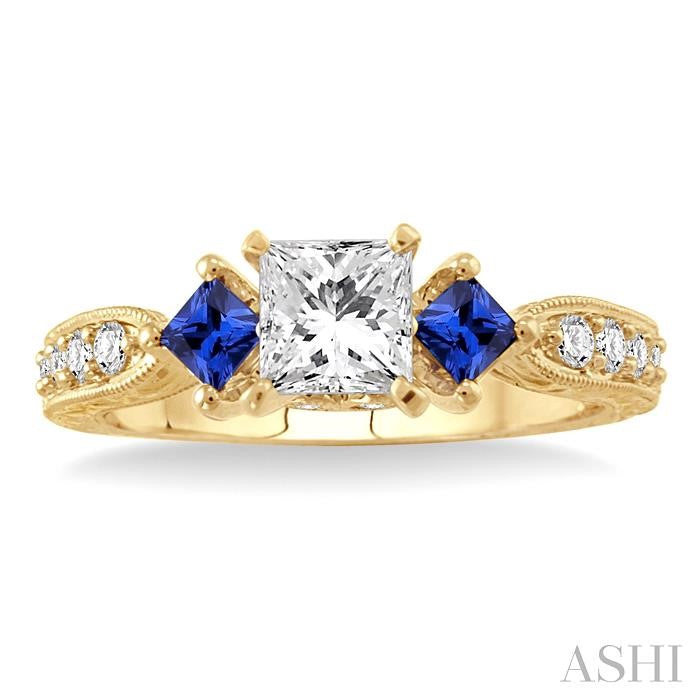 5/8 ctw Diamond and 2.9 MM Princess Cut Sapphire Engagement Precious Ring with 3/8 Ct Princess Cut Center Stone in 14K Yellow Gold