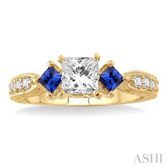 5/8 ctw Diamond and 2.9 MM Princess Cut Sapphire Engagement Precious Ring with 3/8 Ct Princess Cut Center Stone in 14K Yellow Gold