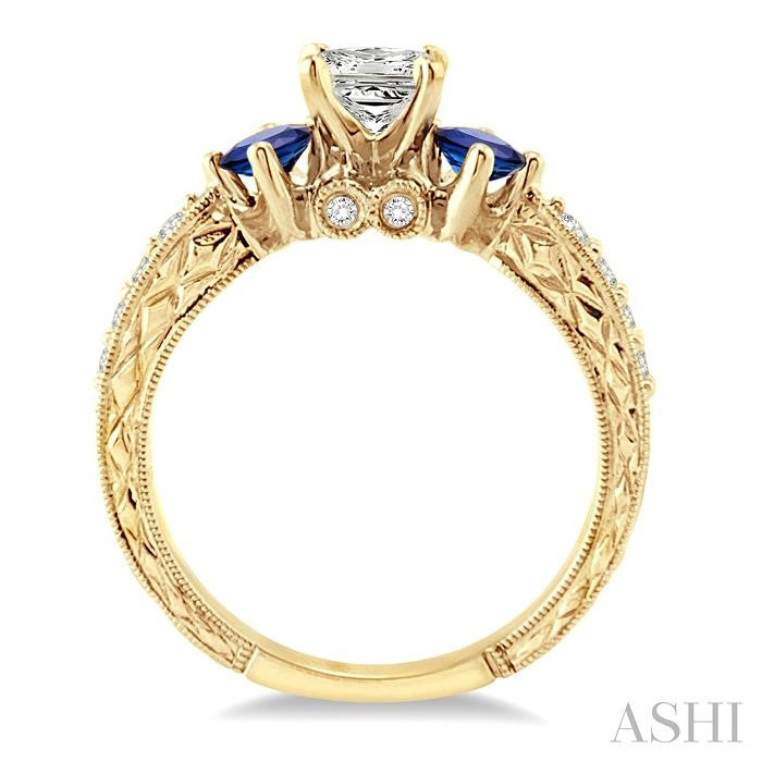 5/8 ctw Diamond and 2.9 MM Princess Cut Sapphire Engagement Precious Ring with 3/8 Ct Princess Cut Center Stone in 14K Yellow Gold