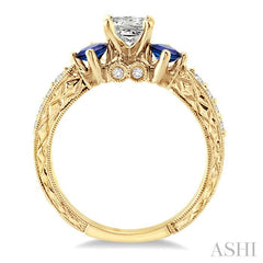 5/8 ctw Diamond and 2.9 MM Princess Cut Sapphire Engagement Precious Ring with 3/8 Ct Princess Cut Center Stone in 14K Yellow Gold