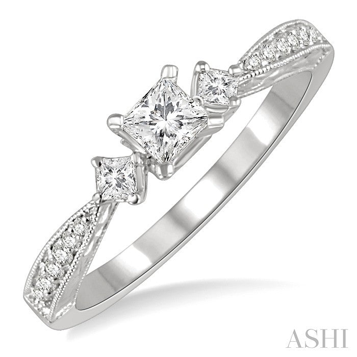3/8 Ctw Diamond Engagement Ring with 1/5 Ct Princess Cut Center Stone in 14K White Gold