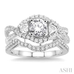 1 1/5 Ctw Diamond Wedding Set with 1 Ctw Round Cut Engagement Ring and 1/6 Ctw Wedding Band in 14K White Gold