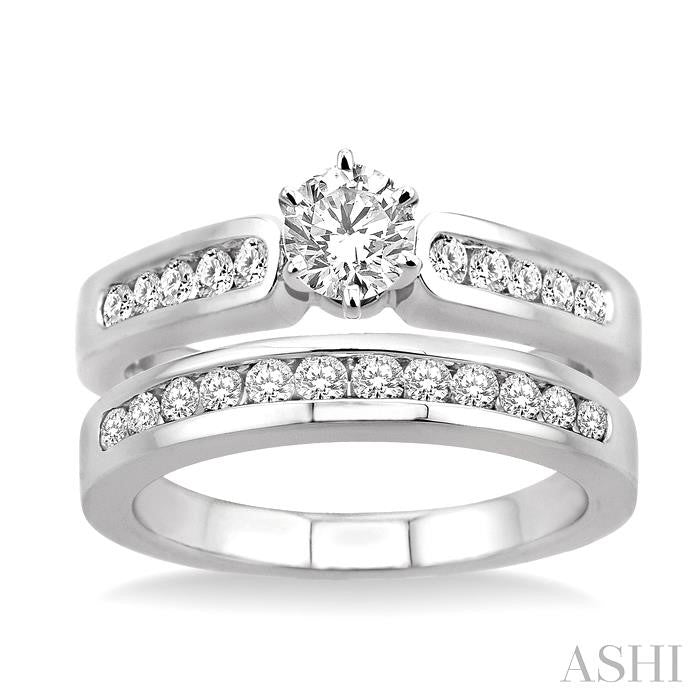 1 Ctw Diamond Wedding Set with 5/8 Ctw Round Cut Engagement Ring and 1/3 Ctw Wedding Band in 14K White Gold