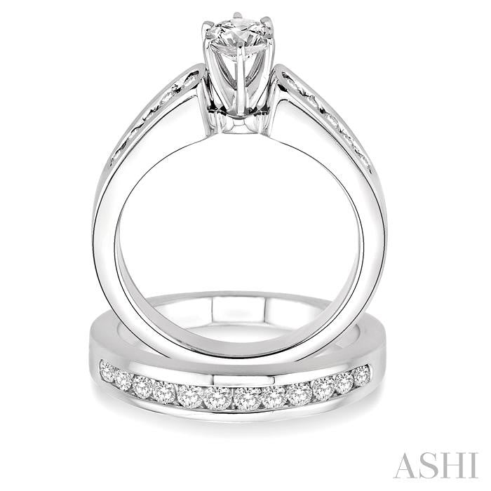 1 Ctw Diamond Wedding Set with 5/8 Ctw Round Cut Engagement Ring and 1/3 Ctw Wedding Band in 14K White Gold