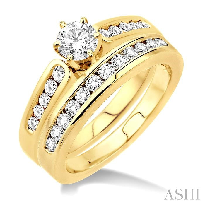 1 Ctw Diamond Wedding Set with 5/8 Ctw Round Cut Engagement Ring and 1/3 Ctw Wedding Band in 14K Yellow Gold