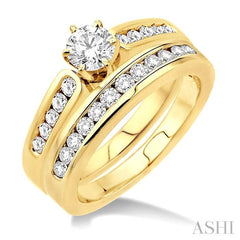 1 Ctw Diamond Wedding Set with 5/8 Ctw Round Cut Engagement Ring and 1/3 Ctw Wedding Band in 14K Yellow Gold