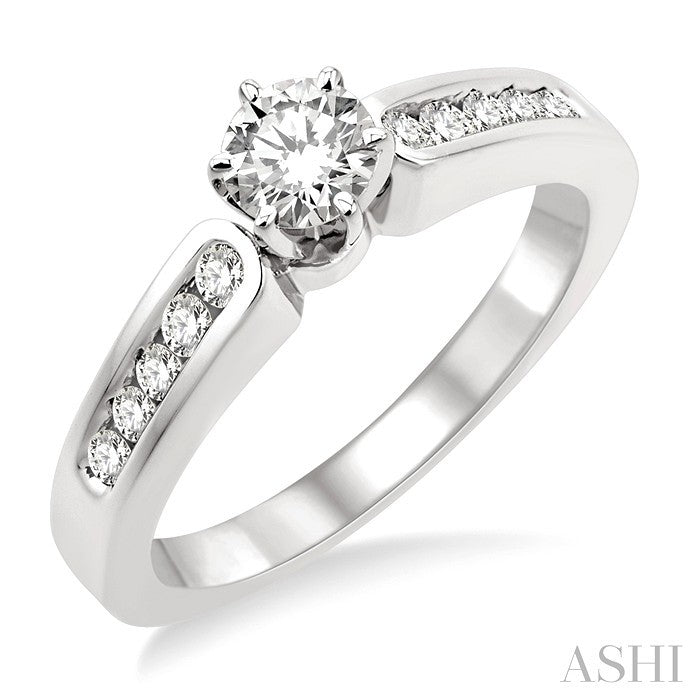 5/8 Ctw Diamond Engagement Ring with 1/3 Ct Round Cut Center Stone in 14K White Gold