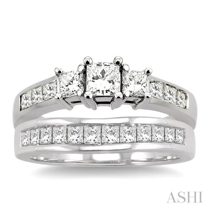 1 1/2 Ctw Diamond Wedding Set with 1 Ctw Princess Cut Engagement Ring and 1/2 Ctw Wedding Band in 14K White Gold