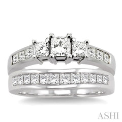 1 1/2 Ctw Diamond Wedding Set with 1 Ctw Princess Cut Engagement Ring and 1/2 Ctw Wedding Band in 14K White Gold