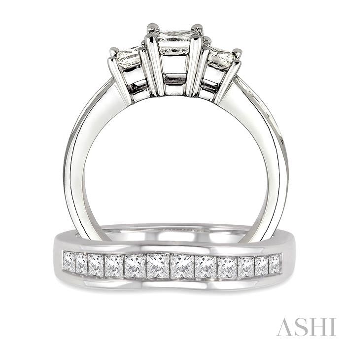 1 1/2 Ctw Diamond Wedding Set with 1 Ctw Princess Cut Engagement Ring and 1/2 Ctw Wedding Band in 14K White Gold