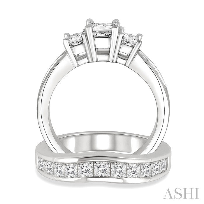 1 1/2 Ctw Diamond Wedding Set with 1 Ctw Princess Cut Engagement Ring and 1/2 Ctw Wedding Band in 14K White Gold