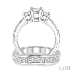1 1/2 Ctw Diamond Wedding Set with 1 Ctw Princess Cut Engagement Ring and 1/2 Ctw Wedding Band in 14K White Gold