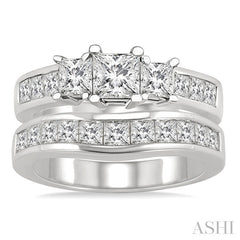 2 1/2 Ctw Diamond Wedding Set with 1 1/2 Ctw Princess Cut Engagement Ring and 1 Ctw Wedding Band in 14K White Gold