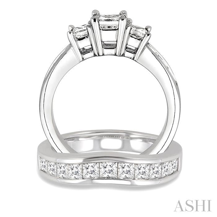 3 Ctw Diamond Wedding Set with 2 Ctw Princess Cut Engagement Ring and 1 Ctw Wedding Band in 14K White Gold