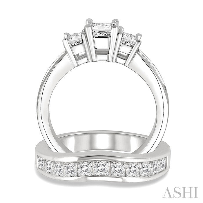 3 Ctw Diamond Wedding Set with 2 Ctw Princess Cut Engagement Ring and 1 Ctw Wedding Band in 14K White Gold