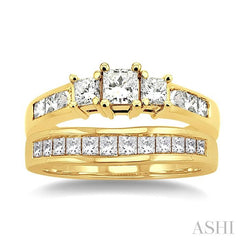 1 1/2 Ctw Diamond Wedding Set with 1 Ctw Princess Cut Engagement Ring and 1/2 Ctw Wedding Band in 14K Yellow Gold