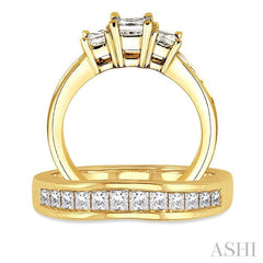 1 1/2 Ctw Diamond Wedding Set with 1 Ctw Princess Cut Engagement Ring and 1/2 Ctw Wedding Band in 14K Yellow Gold