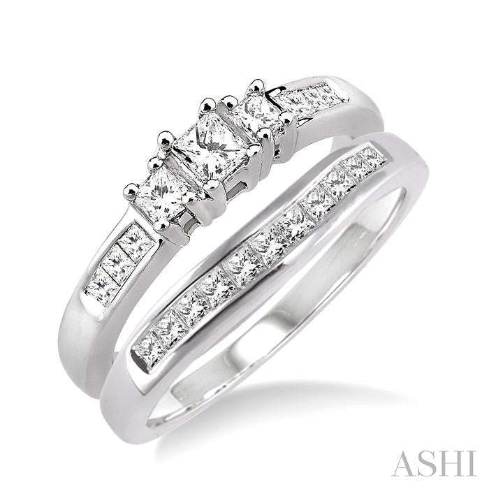 3/4 ctw Diamond Wedding Set with 1/2 ctw Princess Cut Engagement Ring and 1/4 ctw Wedding Band in 14K White Gold