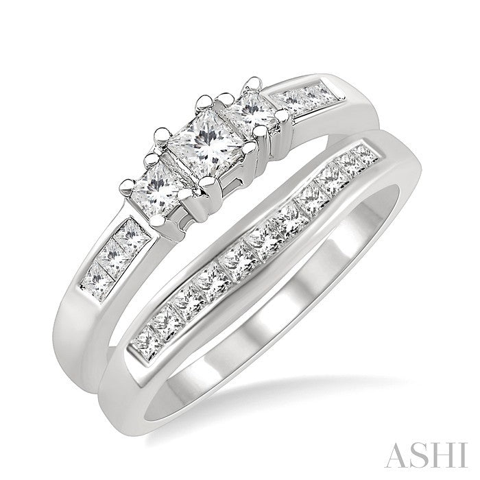 3/4 Ctw Diamond Wedding Set with 1/2 Ctw Princess Cut Engagement Ring and 1/4 Ctw Wedding Band in 14K White Gold