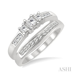 3/4 Ctw Diamond Wedding Set with 1/2 Ctw Princess Cut Engagement Ring and 1/4 Ctw Wedding Band in 14K White Gold