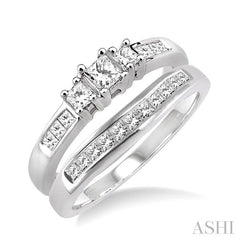3/4 ctw Diamond Wedding Set with 1/2 ctw Princess Cut Engagement Ring and 1/4 ctw Wedding Band in 14K White Gold
