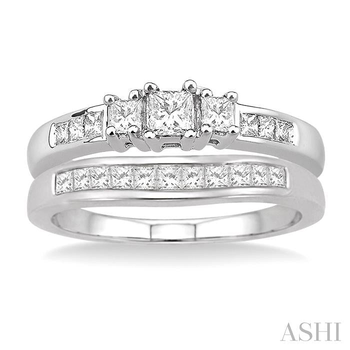 3/4 ctw Diamond Wedding Set with 1/2 ctw Princess Cut Engagement Ring and 1/4 ctw Wedding Band in 14K White Gold