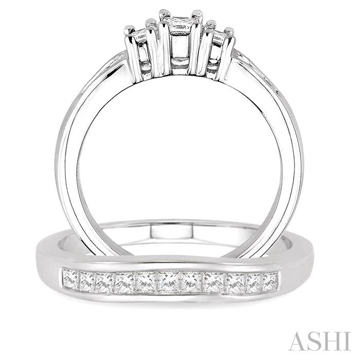 3/4 ctw Diamond Wedding Set with 1/2 ctw Princess Cut Engagement Ring and 1/4 ctw Wedding Band in 14K White Gold