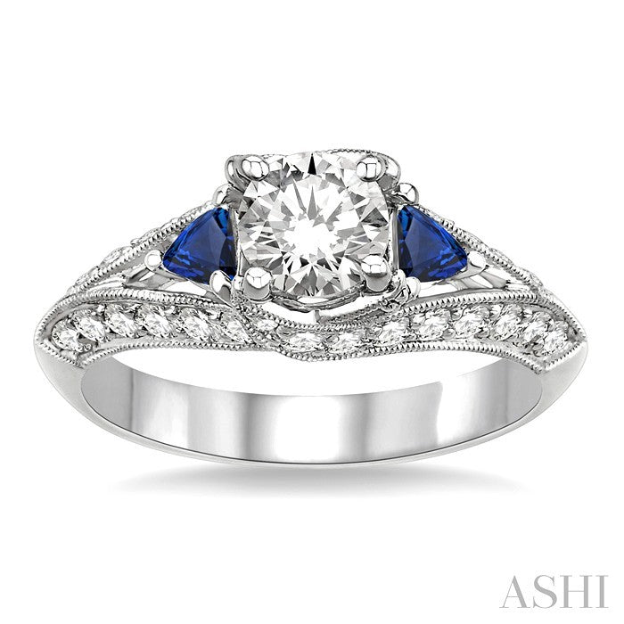 4x4 MM Trillion Cut Sapphire and 1 1/5 Ctw Diamond Engagement Precious Ring with 5/8 Ct Round Cut Center Stone in 14K White Gold
