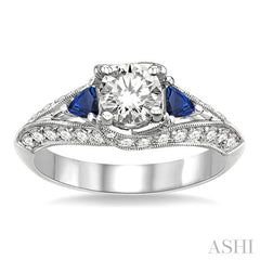 4x4 MM Trillion Cut Sapphire and 1 1/5 Ctw Diamond Engagement Precious Ring with 5/8 Ct Round Cut Center Stone in 14K White Gold