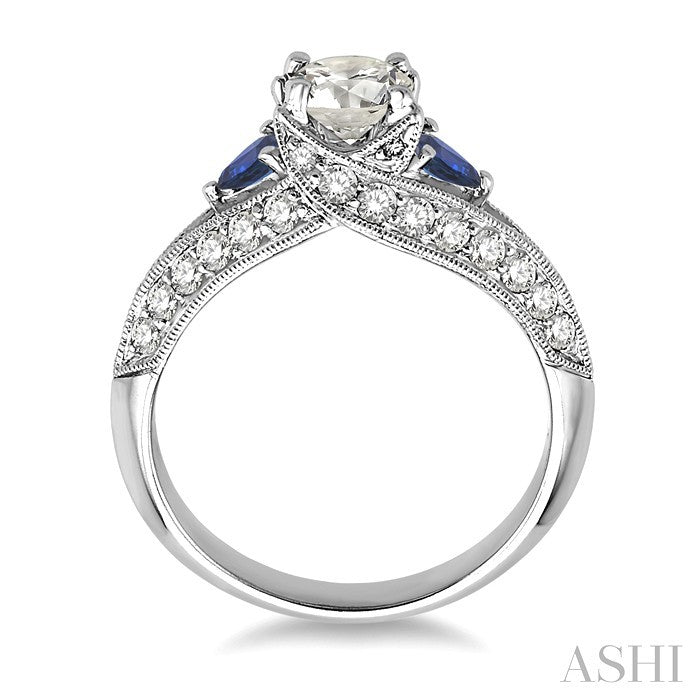 4x4 MM Trillion Cut Sapphire and 1 1/5 Ctw Diamond Engagement Precious Ring with 5/8 Ct Round Cut Center Stone in 14K White Gold