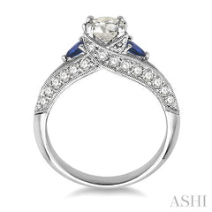 4x4 MM Trillion Cut Sapphire and 1 1/5 Ctw Diamond Engagement Precious Ring with 5/8 Ct Round Cut Center Stone in 14K White Gold