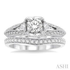 1 1/5 Ctw Diamond Wedding Set with 1 Ctw Round Cut Engagement Ring and 1/5 Ctw Wedding Band in 14K White Gold