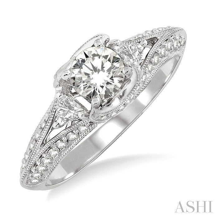 1 Ctw Diamond Engagement Ring with 1/2 Ct Round Cut Center Stone in 14K White Gold