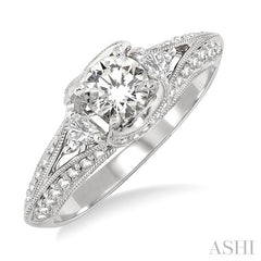1 Ctw Diamond Engagement Ring with 1/2 Ct Round Cut Center Stone in 14K White Gold