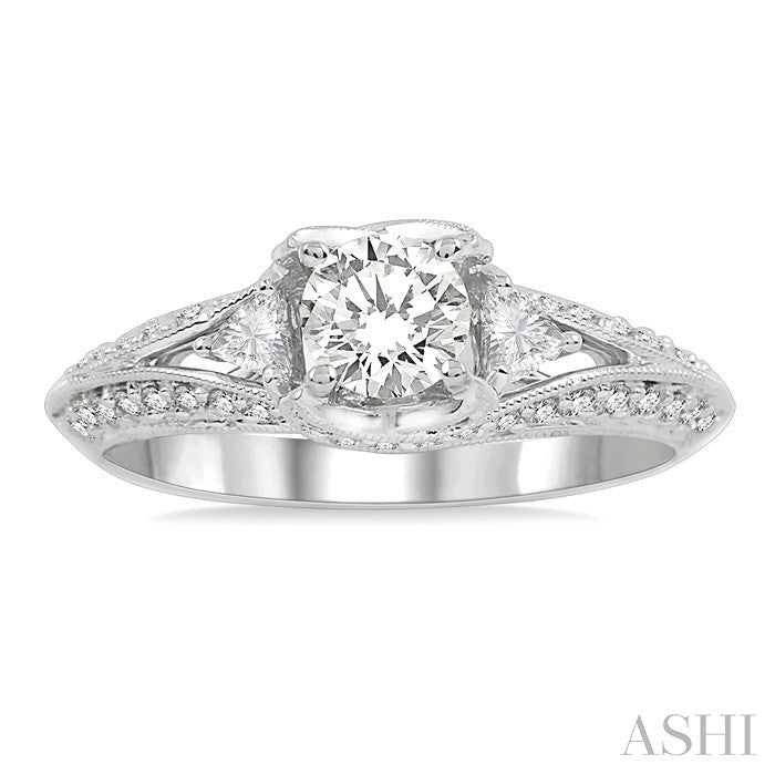 1 Ctw Diamond Engagement Ring with 1/2 Ct Round Cut Center Stone in 14K White Gold
