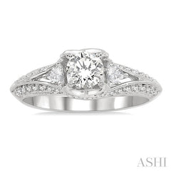 1 Ctw Diamond Engagement Ring with 1/2 Ct Round Cut Center Stone in 14K White Gold