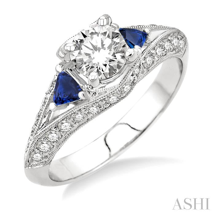4x4 MM Trillion Cut Sapphire and 5/8 Ctw Round Cut Diamond Semi-Mount Engagement Ring in 14K White Gold