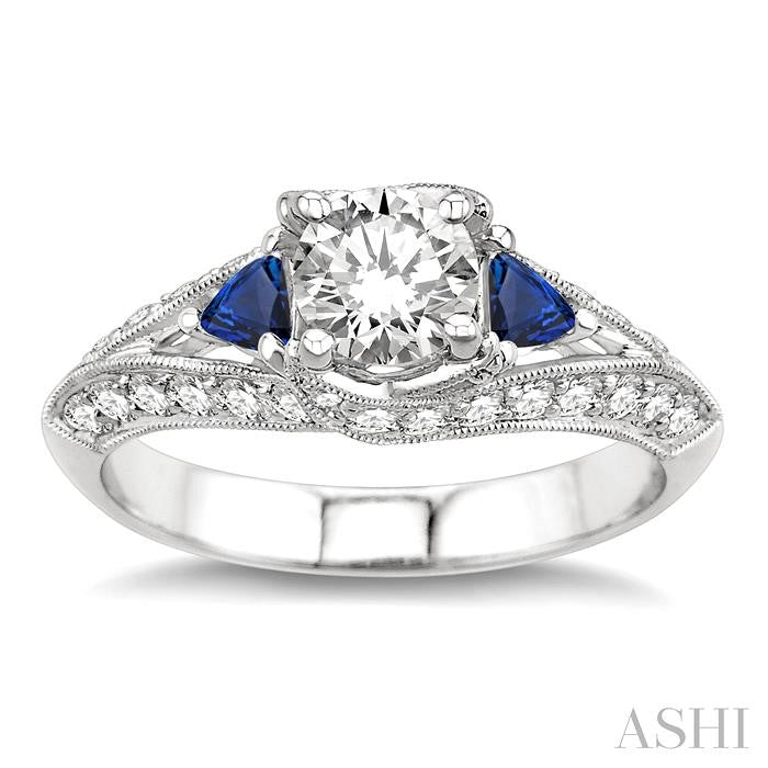 4x4 MM Trillion Cut Sapphire and 5/8 Ctw Round Cut Diamond Semi-Mount Engagement Ring in 14K White Gold