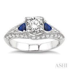 4x4 MM Trillion Cut Sapphire and 5/8 Ctw Round Cut Diamond Semi-Mount Engagement Ring in 14K White Gold