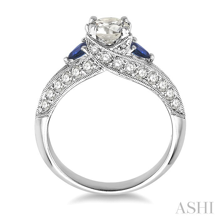 4x4 MM Trillion Cut Sapphire and 5/8 Ctw Round Cut Diamond Semi-Mount Engagement Ring in 14K White Gold