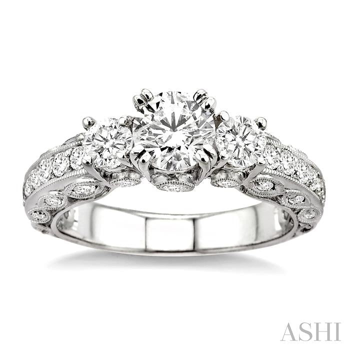 1 1/4 Ctw Diamond Engagement Ring with 1/2 Ct Round Cut Center Stone in 14K White Gold