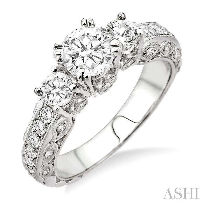 1 1/4 Ctw Diamond Engagement Ring with 1/2 Ct Round Cut Center Stone in 14K White Gold