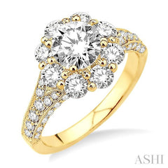 1 3/4 Ctw Diamond Flower Semi-Mount Engagement Ring in 18K Yellow Gold