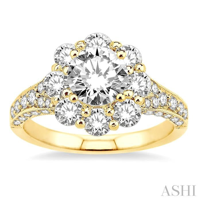 1 3/4 Ctw Diamond Flower Semi-Mount Engagement Ring in 18K Yellow Gold