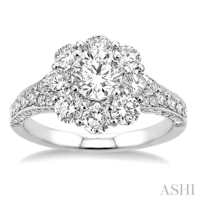 2 1/4 Ctw Diamond Flower Engagement Ring with 3/4 Ct Round Cut Center Stone in 14K White Gold