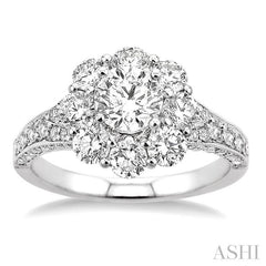 2 1/4 Ctw Diamond Flower Engagement Ring with 3/4 Ct Round Cut Center Stone in 14K White Gold