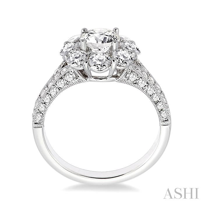 2 1/4 Ctw Diamond Flower Engagement Ring with 3/4 Ct Round Cut Center Stone in 14K White Gold