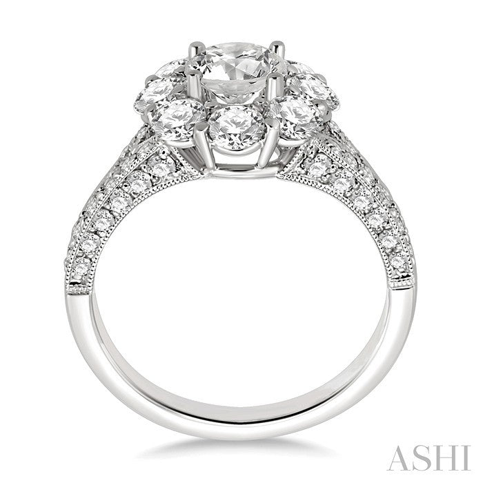 2 1/4 Ctw Diamond Flower Engagement Ring with 3/4 Ct Round Cut Center Stone in 14K White Gold