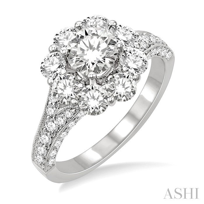 1 1/2 Ctw Diamond Flower Semi-Mount Engagement Ring in 14K White Gold