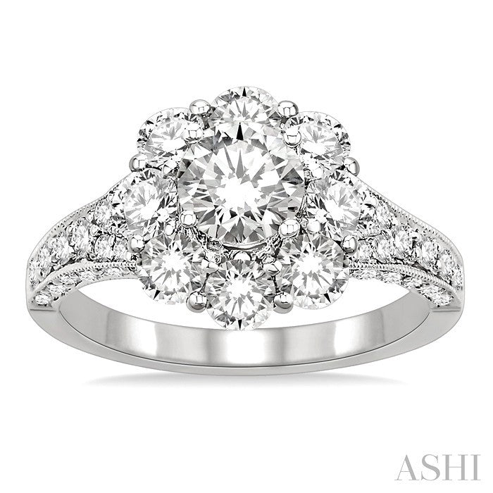 1 1/2 Ctw Diamond Flower Semi-Mount Engagement Ring in 14K White Gold